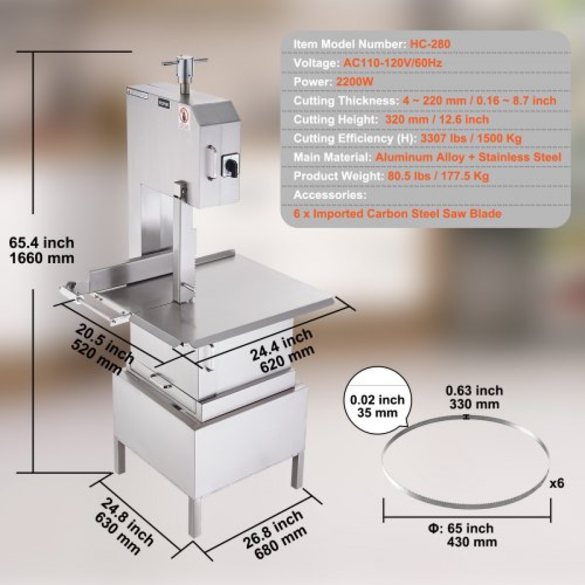 VEVOR 2200W Επαγγελματικό Ηλεκτρικό Πριόνι Κρέατος Ανοξείδωτο Πριόνι για κόκκαλα