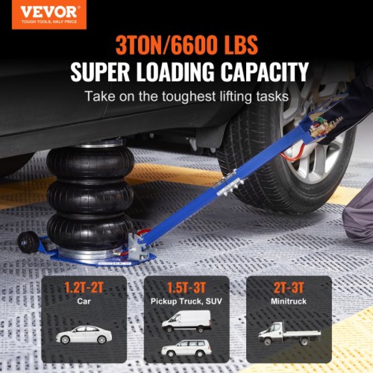 VEVOR Air Jack, 3 Ton/3000 kg Air Jack Triple Bag Air Jack, Airbag Jack με έξι χαλύβδινους σωλήνες, ανύψωση έως 44,9cm, 3-5 s Fast Lifting Pneumatic Jack, με ρυθμιζόμενες μακριές λαβές για αυτοκίνητα, γκαράζ, επισκευή (Μπλε)