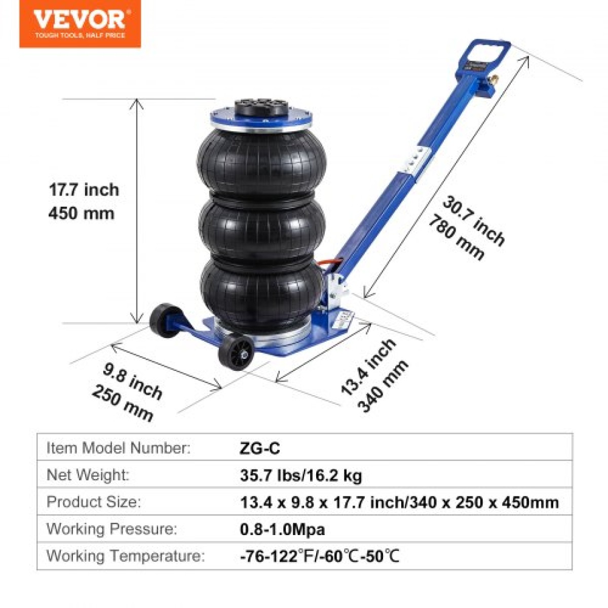 VEVOR Air Jack, 3 Ton/3000 kg Air Jack Triple Bag Air Jack, Airbag Jack με έξι χαλύβδινους σωλήνες, ανύψωση έως 44,9cm, 3-5 s Fast Lifting Pneumatic Jack, με ρυθμιζόμενες μακριές λαβές για αυτοκίνητα, γκαράζ, επισκευή (Μπλε)