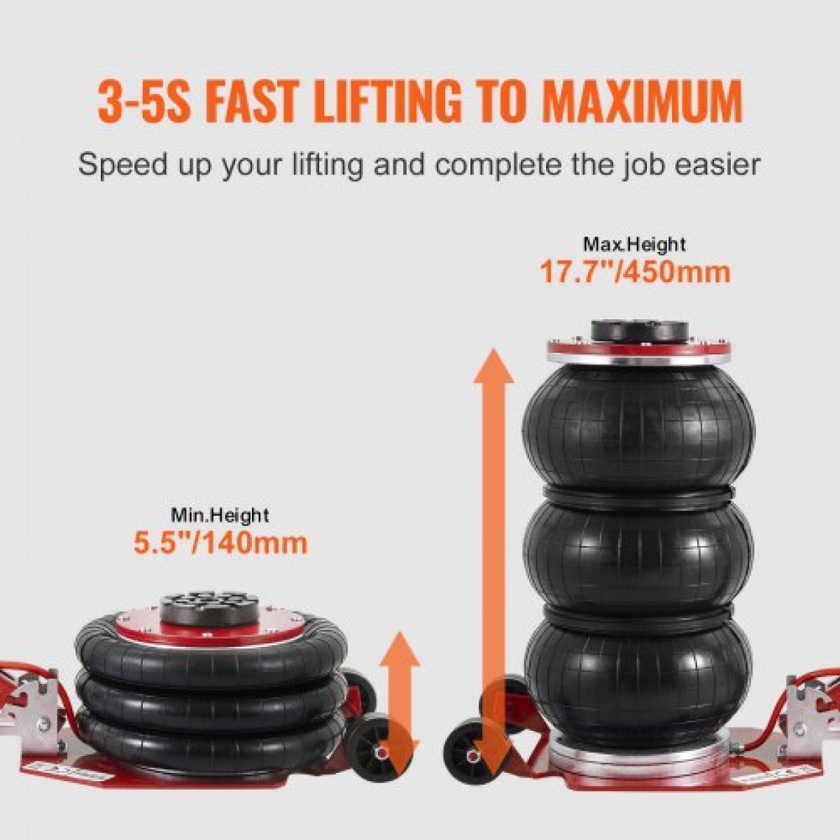 VEVOR Air Jack, 3 Ton/3000 kg Air Jack Triple Bag Air Jack, Airbag Jack με έξι χαλύβδινους σωλήνες, ανύψωση έως 44,9 cm, 3-5 s Fast Lifting Pneumatic Jack, με ρυθμιζόμενη μακριά λαβή για αυτοκίνητα, γκαράζ, επισκευή (κόκκινο)
