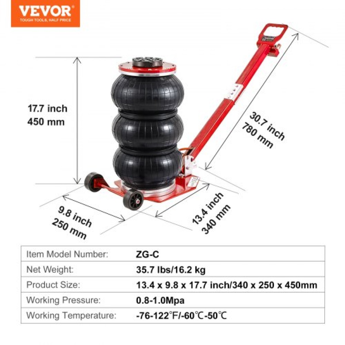 VEVOR Air Jack, 3 Ton/3000 kg Air Jack Triple Bag Air Jack, Airbag Jack με έξι χαλύβδινους σωλήνες, ανύψωση έως 44,9 cm, 3-5 s Fast Lifting Pneumatic Jack, με ρυθμιζόμενη μακριά λαβή για αυτοκίνητα, γκαράζ, επισκευή (κόκκινο)