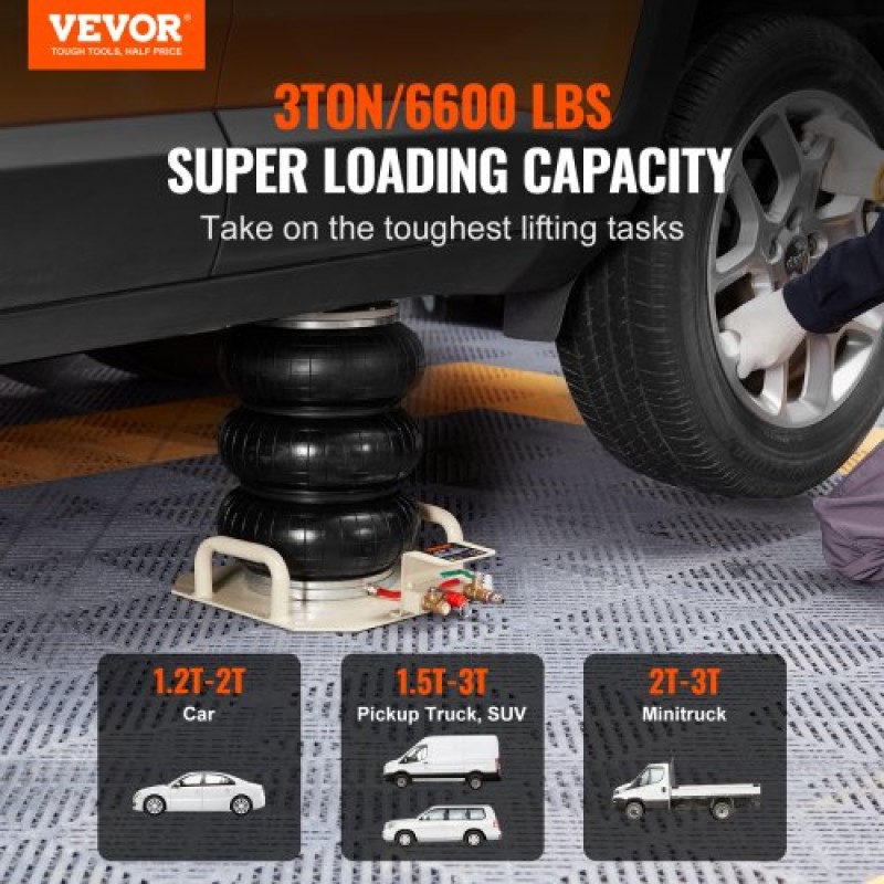 VEVOR Air Jack, 3 Ton/6600 lbs Triple Bag Air Jack, Air Bag Lift έως 450 mm, 3-5S Fast Lifting Pneumatic Jack, με πλαϊνές λαβές για αυτοκίνητα, γκαράζ, επισκευή (Λευκό)