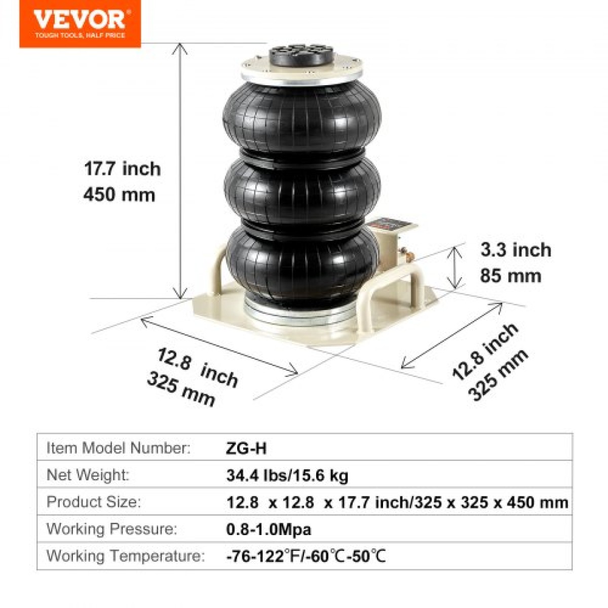 VEVOR Air Jack, 3 Ton/6600 lbs Triple Bag Air Jack, Air Bag Lift έως 450 mm, 3-5S Fast Lifting Pneumatic Jack, με πλαϊνές λαβές για αυτοκίνητα, γκαράζ, επισκευή (Λευκό)