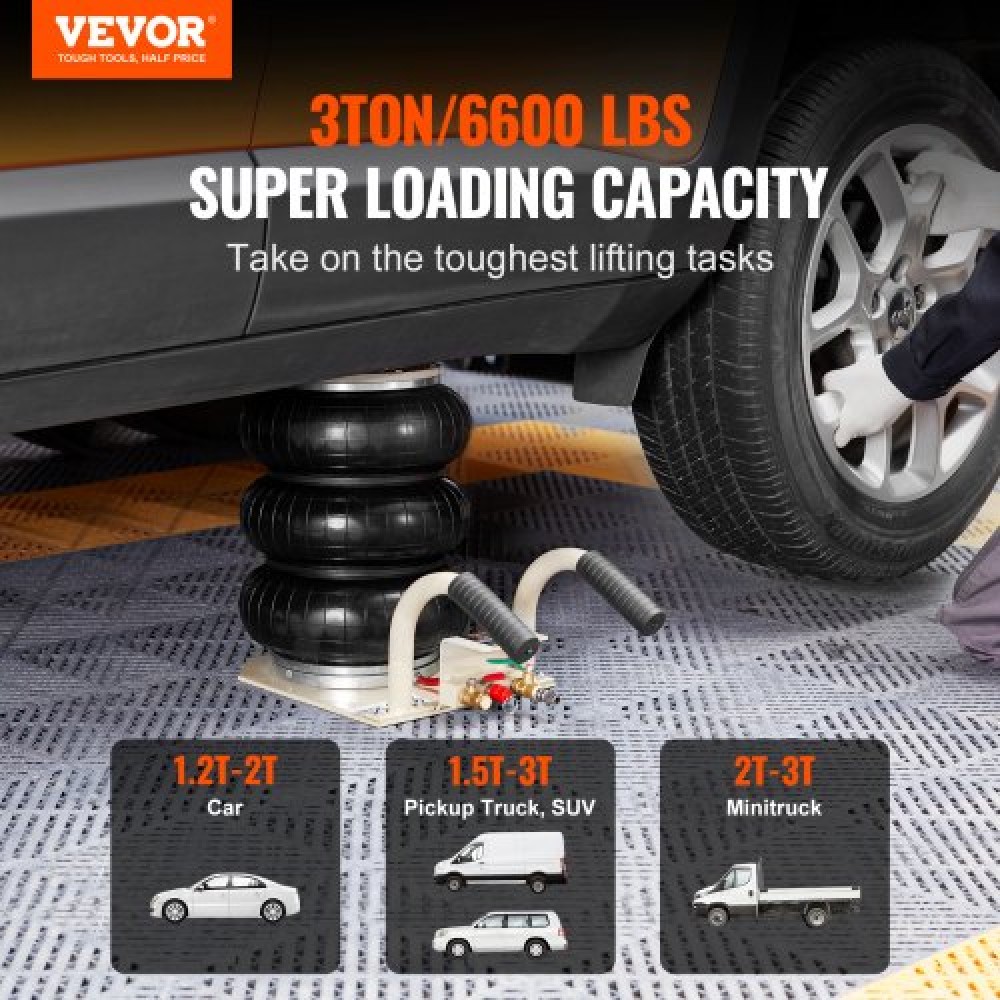 VEVOR Air Jack, 3 Ton/6600 lbs Triple Bag Air Jack, Airbag Jack με έξι χαλύβδινους σωλήνες, ανύψωση έως 17,7 ίντσες/450 mm, 3-5 s Fast Lifting Pneumatic Jack, με πλευρικές λαβές για αυτοκίνητο, γκαράζ, επισκευή (Λευκό)