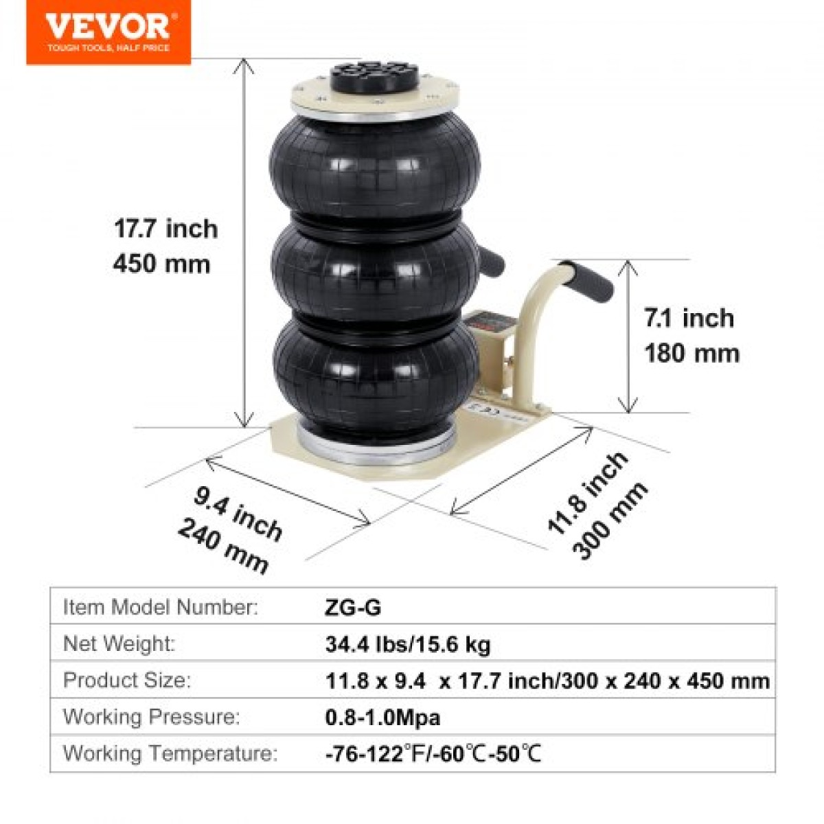 VEVOR Air Jack, 3 Ton/6600 lbs Triple Bag Air Jack, Airbag Jack με έξι χαλύβδινους σωλήνες, ανύψωση έως 17,7 ίντσες/450 mm, 3-5 s Fast Lifting Pneumatic Jack, με πλευρικές λαβές για αυτοκίνητο, γκαράζ, επισκευή (Λευκό)