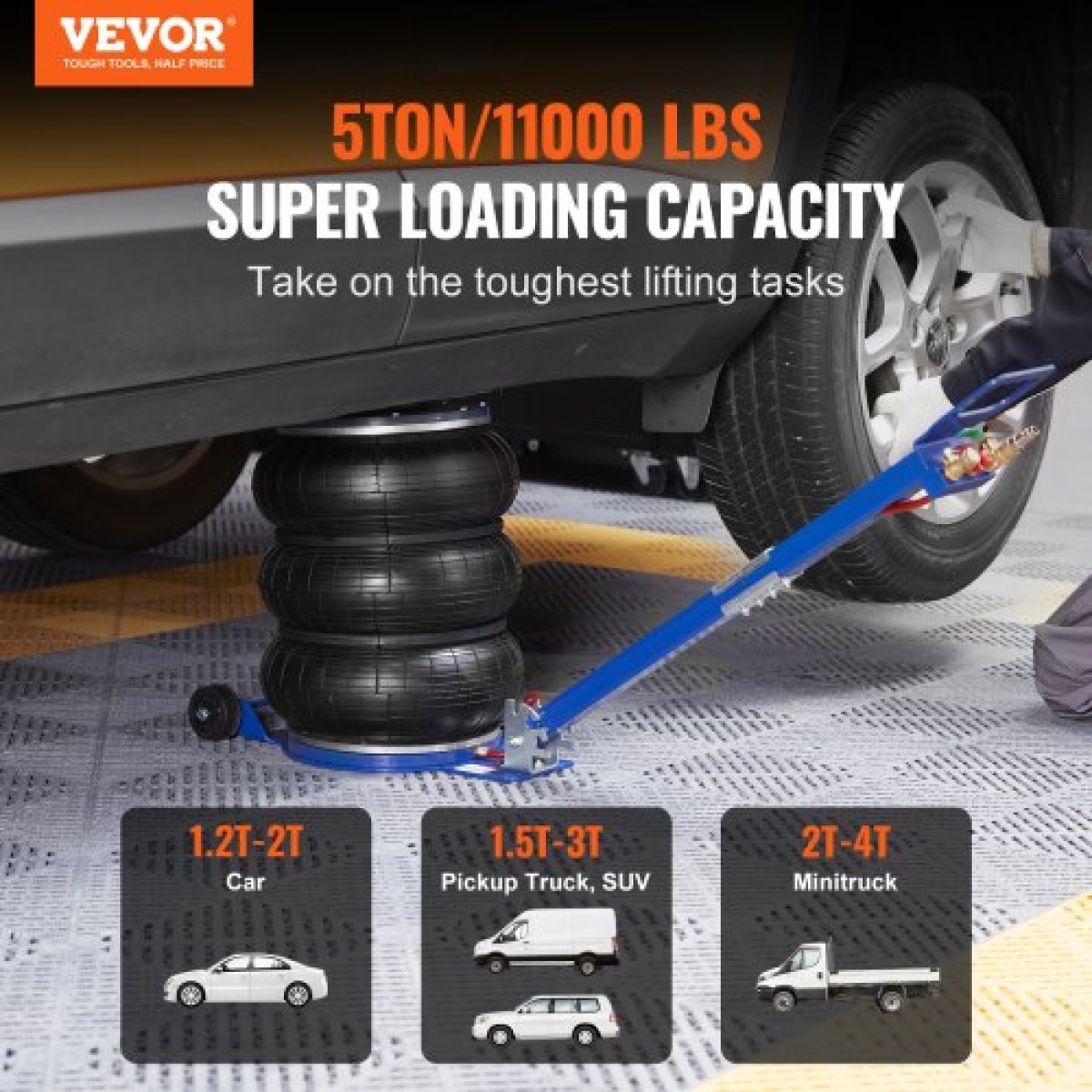 VEVOR Air Jack, 5 Ton/11000 lbs Triple Bag Air Jack, Airbag Jack with Six Steel Pipes, Lift up to 18,5 inch/470 mm, Fast Lifting Pneumatic Jack 3-5 s, με ρυθμιζόμενη λαβή για αυτοκίνητο, γκαράζ, επισκευή