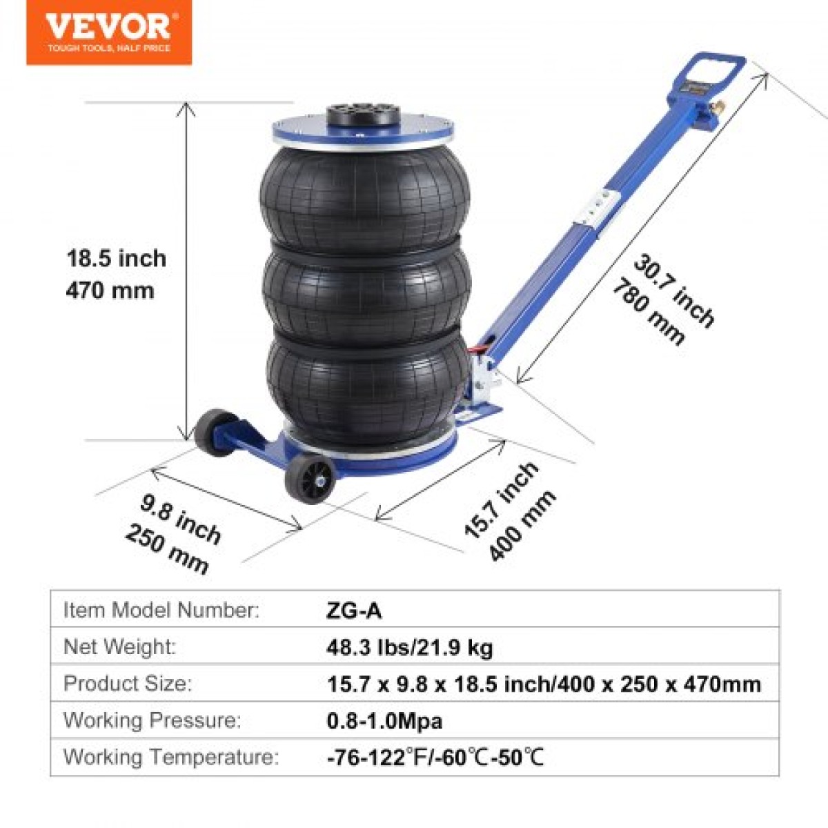 VEVOR Air Jack, 5 Ton/11000 lbs Triple Bag Air Jack, Airbag Jack with Six Steel Pipes, Lift up to 18,5 inch/470 mm, Fast Lifting Pneumatic Jack 3-5 s, με ρυθμιζόμενη λαβή για αυτοκίνητο, γκαράζ, επισκευή