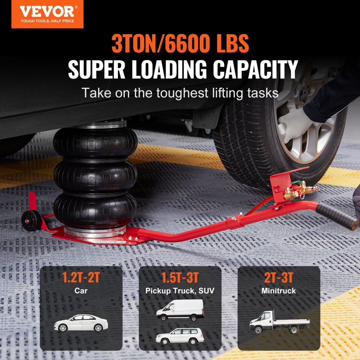 VEVOR Air Jack, 3 Ton/6600 lbs Triple Bag Air Jack, Airbag Jack με έξι χαλύβδινους σωλήνες, ανύψωση έως 17,7 ίντσες/450 mm, 3-5 s Fast Lifting Pneumatic Jack, με μακριές λαβές για αυτοκίνητα, γκαράζ, επισκευή, (Κόκκινο)