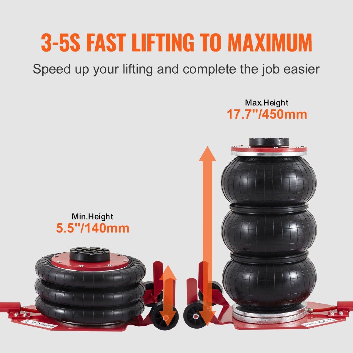 VEVOR Air Jack, 3 Ton/6600 lbs Triple Bag Air Jack, Airbag Jack με έξι χαλύβδινους σωλήνες, ανύψωση έως 17,7 ίντσες/450 mm, 3-5 s Fast Lifting Pneumatic Jack, με μακριές λαβές για αυτοκίνητα, γκαράζ, επισκευή, (Κόκκινο)