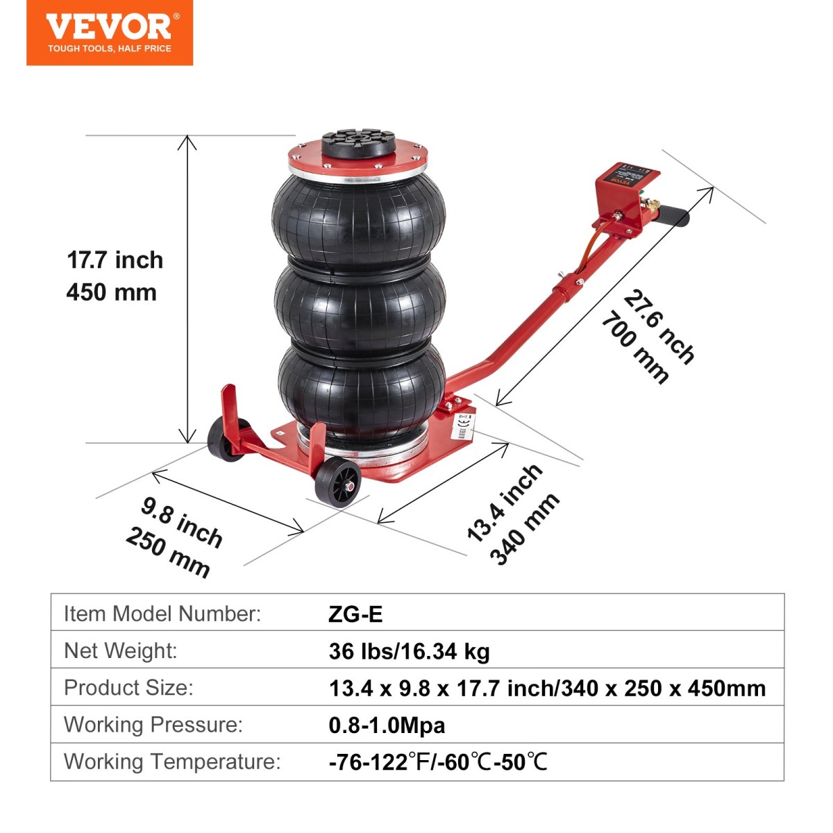 VEVOR Air Jack, 3 Ton/6600 lbs Triple Bag Air Jack, Airbag Jack με έξι χαλύβδινους σωλήνες, ανύψωση έως 17,7 ίντσες/450 mm, 3-5 s Fast Lifting Pneumatic Jack, με μακριές λαβές για αυτοκίνητα, γκαράζ, επισκευή, (Κόκκινο)