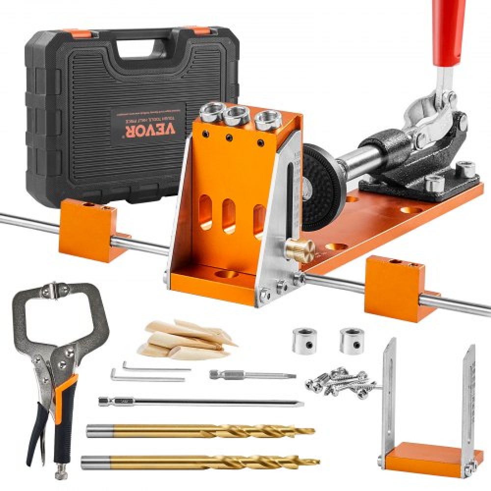 VEVOR Pocket Hole Jig Kit, 34 τεμ. Pocket Hole Jig System με 27,9 cm C-clamp, Εξάρτημα, Βαλτικά τρυπάνια, Γαλλικά, Δακτυλίδια στοπ τρυπανιού, τετράγωνα Bits, Εργαλειοθήκη, για DIY ξυλουργικά έργα, Ρυθμιζόμενο
