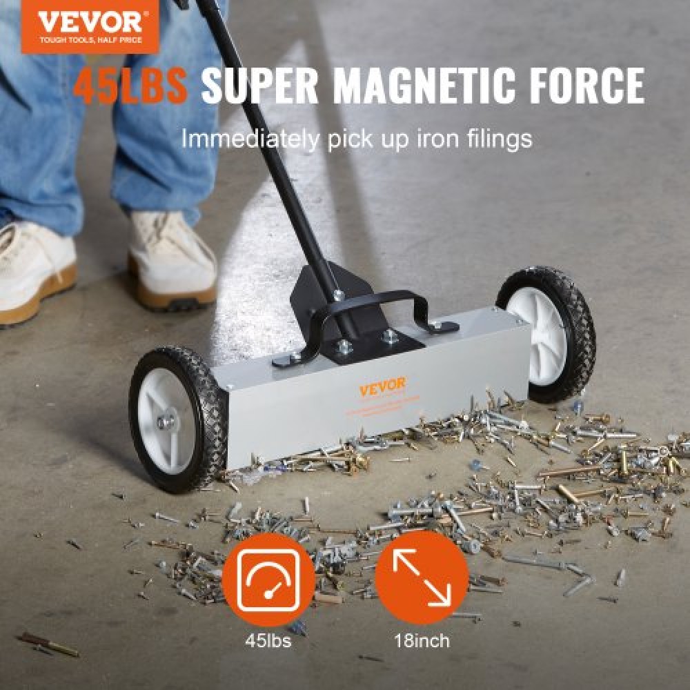 VEVOR 45Lbs Rolling Magnetic Sweeper with Wheels, Push-Type Magnetic Pick Up Sweeper, 18-inch Large Magnet Pickup Lawn Sweeper,  Magnet with Telescoping Handle, Easy Cleanup of Workshop Garage Yard