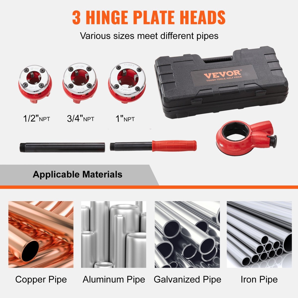 VEVOR Ratchet Pipe Threader Kit, 1/2" NPT, 3/4" NPT, 1" NPT Manual Ratcheting Pipe Threader, φορητό σετ εργαλείων σπειρώματος σωλήνων με μήτρες 3 τμχ NPT, θήκη αποθήκευσης για γαλβανισμένους σωλήνες αλουμινίου από σίδηρο χαλκού