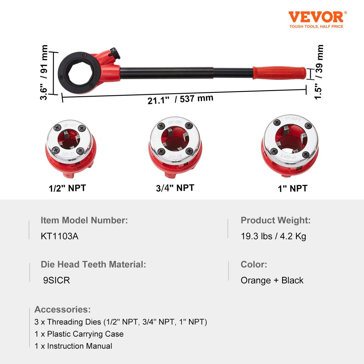 VEVOR Ratchet Pipe Threader Kit, 1/2" NPT, 3/4" NPT, 1" NPT Manual Ratcheting Pipe Threader, φορητό σετ εργαλείων σπειρώματος σωλήνων με μήτρες 3 τμχ NPT, θήκη αποθήκευσης για γαλβανισμένους σωλήνες αλουμινίου από σίδηρο χαλκού