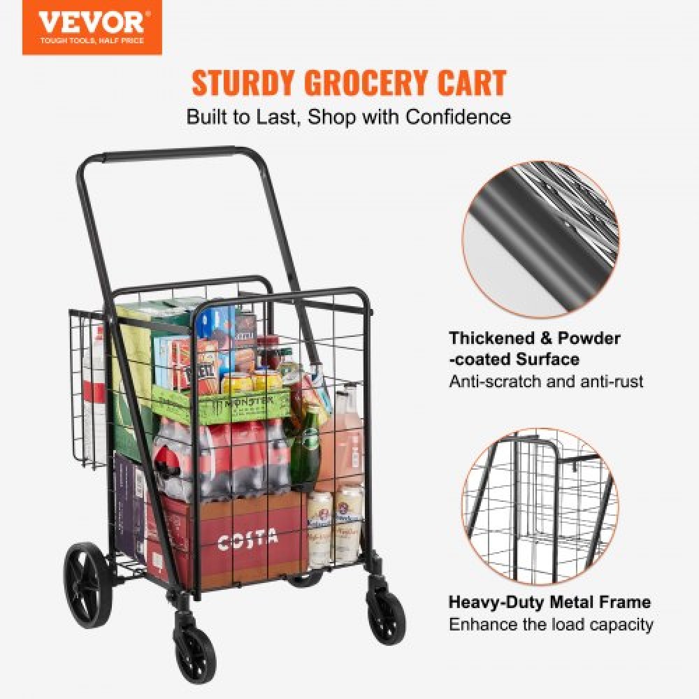 VEVOR Πτυσσόμενο καλάθι αγορών, Jumbo καλάθι παντοπωλείου με διπλά καλάθια, περιστρεφόμενοι τροχοί 360°, βαρέως τύπου καρότσι, 50 κιλών βοηθητικό καλάθι μεγάλης χωρητικότητας για πλυντήριο, ψώνια, παντοπωλείο, αποσκευές