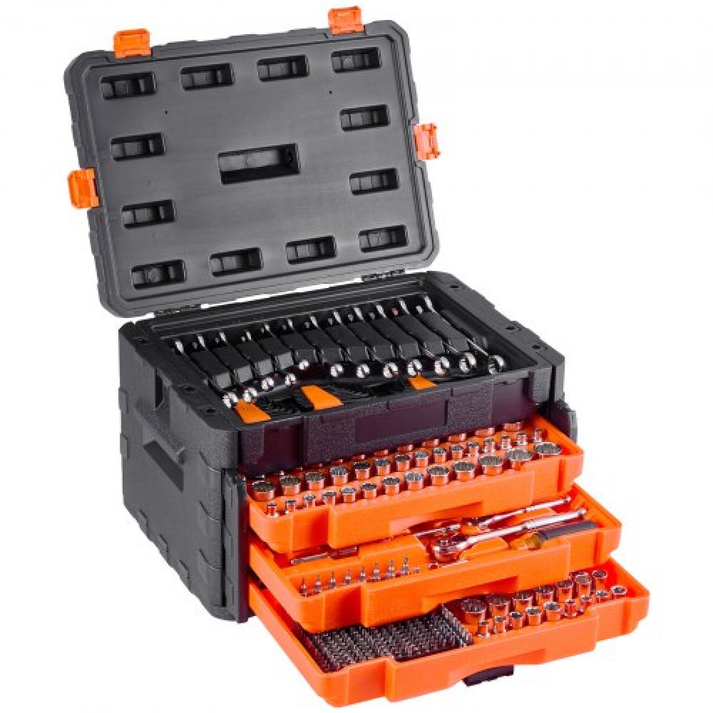 Σετ εργαλείων VEVOR Mechanics και σετ υποδοχών, 450 τμχ, 6,4, 9,5 και 12,7 mm Drive Deep and Standard Sockets, SAE Metric Mechanic Tool Kit με μύτες, κλειδιά, αξεσουάρ, θήκη αποθήκευσης με πορτοκαλί συρτάρι