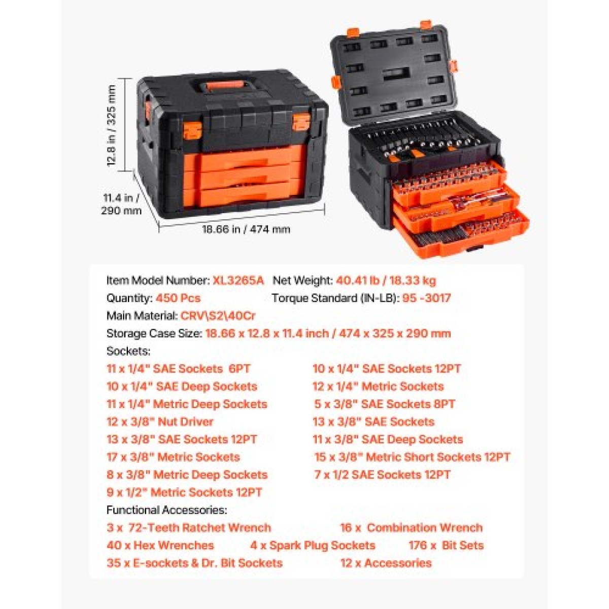 Σετ εργαλείων VEVOR Mechanics και σετ υποδοχών, 450 τμχ, 6,4, 9,5 και 12,7 mm Drive Deep and Standard Sockets, SAE Metric Mechanic Tool Kit με μύτες, κλειδιά, αξεσουάρ, θήκη αποθήκευσης με πορτοκαλί συρτάρι