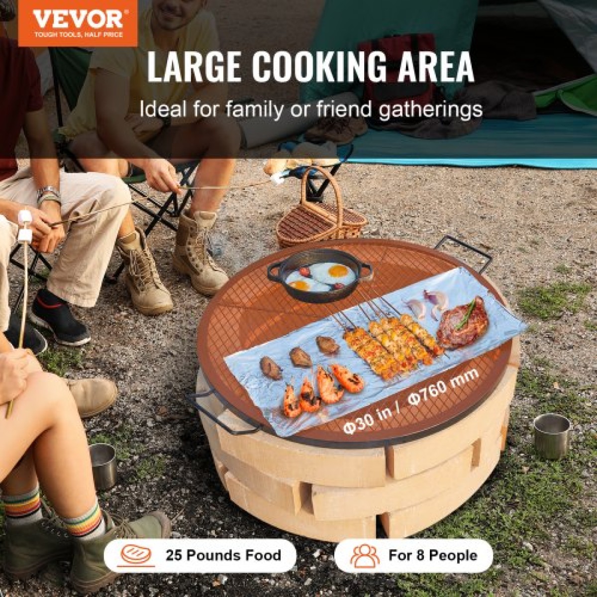 Σχάρα ψησταριάς VEVOR X-Marks Fire Pit, στρογγυλή σχάρα μαγειρέματος, σχάρα ψησίματος από ατσάλι βαρέως τύπου Campfire BBQ με λαβή και σύρμα στήριξης X, φορητό μαγειρικό σκεύος κάμπινγκ για εξωτερικό πάρτι & συγκέντρωση, 30 ιντσών μαύρο