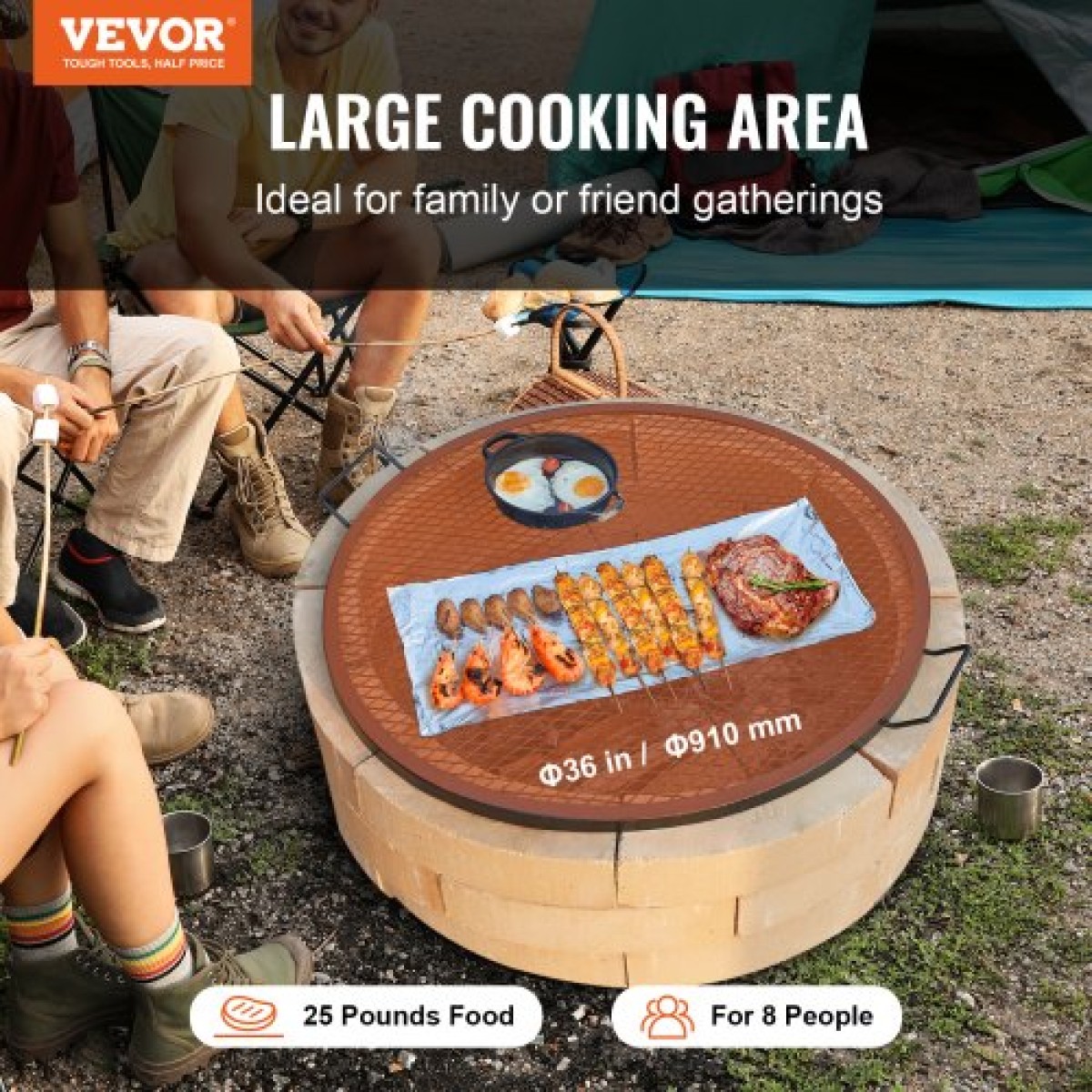 Σχάρα ψησταριάς VEVOR X-Marks Fire Pit, στρογγυλή σχάρα μαγειρέματος, σχάρα ψησίματος από ατσάλι βαρέως τύπου Campfire BBQ με λαβή και σύρμα στήριξης X, φορητό μαγειρικό σκεύος κάμπινγκ για εξωτερικό πάρτι & συγκέντρωση, 36 ιντσών μαύρο