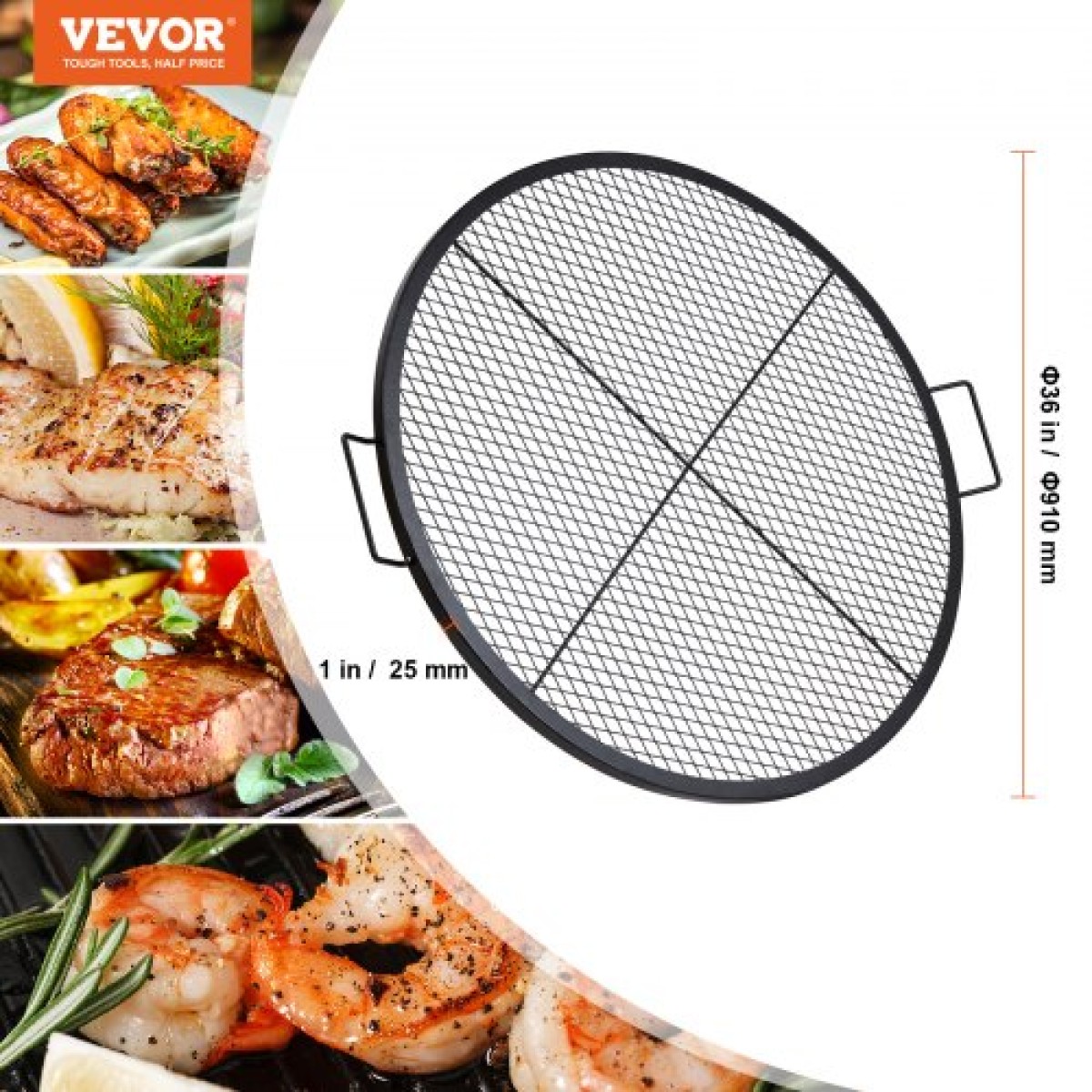 Σχάρα ψησταριάς VEVOR X-Marks Fire Pit, στρογγυλή σχάρα μαγειρέματος, σχάρα ψησίματος από ατσάλι βαρέως τύπου Campfire BBQ με λαβή και σύρμα στήριξης X, φορητό μαγειρικό σκεύος κάμπινγκ για εξωτερικό πάρτι & συγκέντρωση, 36 ιντσών μαύρο