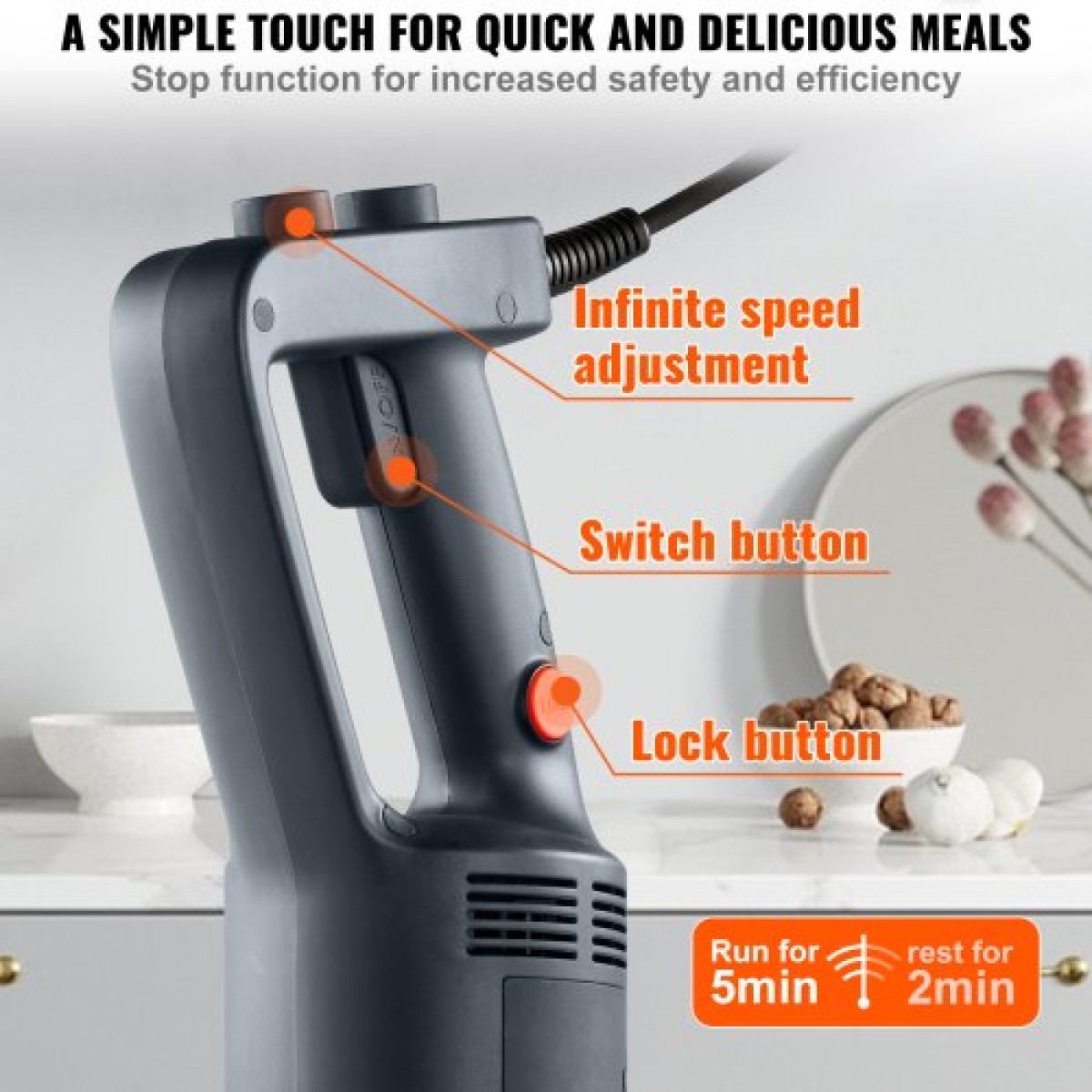 VEVOR Commercial Immersion Blender, 750 Watt Heavy Duty Mixer, Μεταβλητής Ταχύτητας Kitchen Stick Mixer με λεπίδα από ανοξείδωτο ατσάλι 304, φορητό μίξερ πολλαπλών χρήσεων για σούπα, smoothie, πουρέ, βρεφικές τροφές