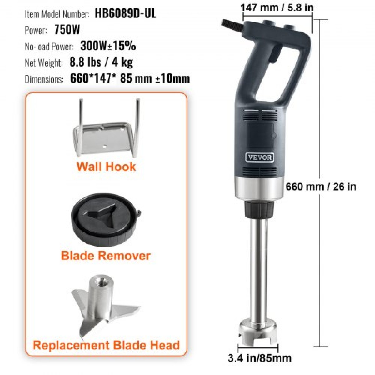 VEVOR Commercial Immersion Blender, 750 Watt Heavy Duty Mixer, Μεταβλητής Ταχύτητας Kitchen Stick Mixer με λεπίδα από ανοξείδωτο ατσάλι 304, φορητό μίξερ πολλαπλών χρήσεων για σούπα, smoothie, πουρέ, βρεφικές τροφές