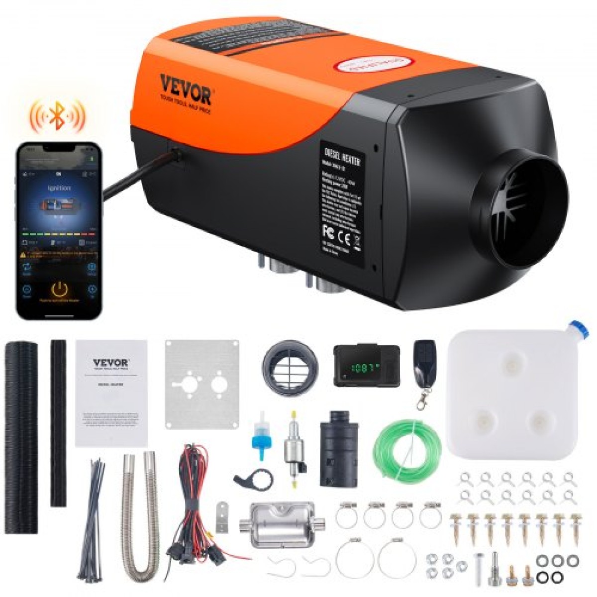 Έλεγχος εφαρμογής Bluetooth VEVOR Θερμοσίφωνο Diesel, 12V 2KW Diesel Heater με αυτόματη ρύθμιση υψομέτρου, τηλεχειριστήριο και LCD, θερμάστρα στάθμευσης ντίζελ για RV Trailer Camper Van Boat