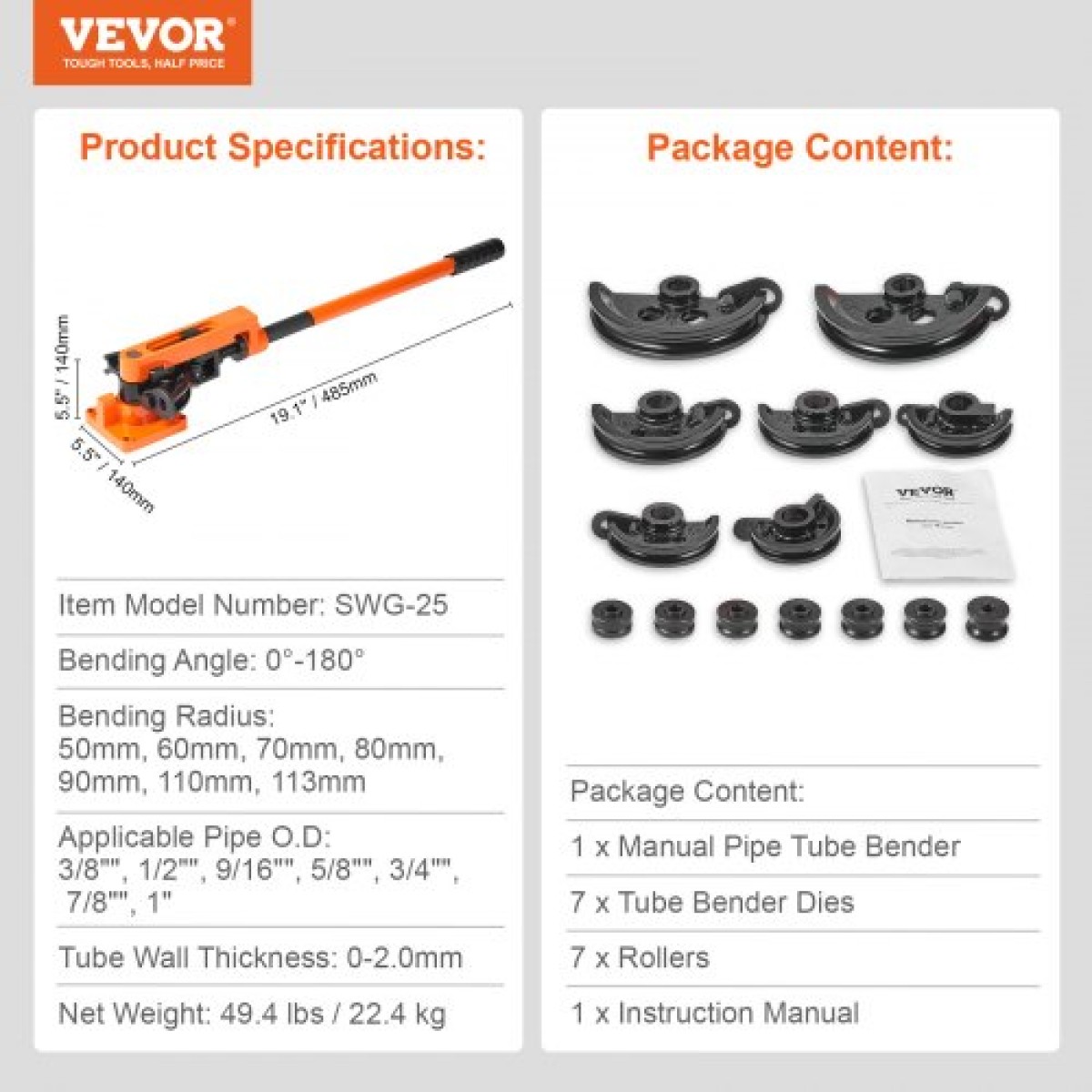 VEVOR Pipe Tube Bender, 9,5mm έως 25,4mm OD Manual Pipe Tube Bender with 7 Bending Dies, 180° Copper Pipes Aluminium Bending Tools for HVAC Air Conditioning Refrigerator Auto Repair