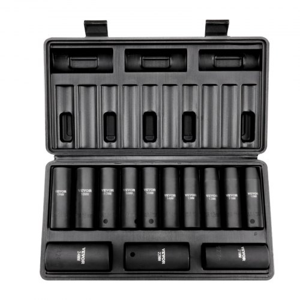 VEVOR 1/2" Drive Impact Socket Set, 13 Piece Deep Socket Set Metric 10-24mm, 6 Point CR-V Alloy Steel for Auto Repair, Ευανάγνωστα σημάδια μεγέθους, στιβαρή κατασκευή, περιλαμβάνει θήκη αποθήκευσης