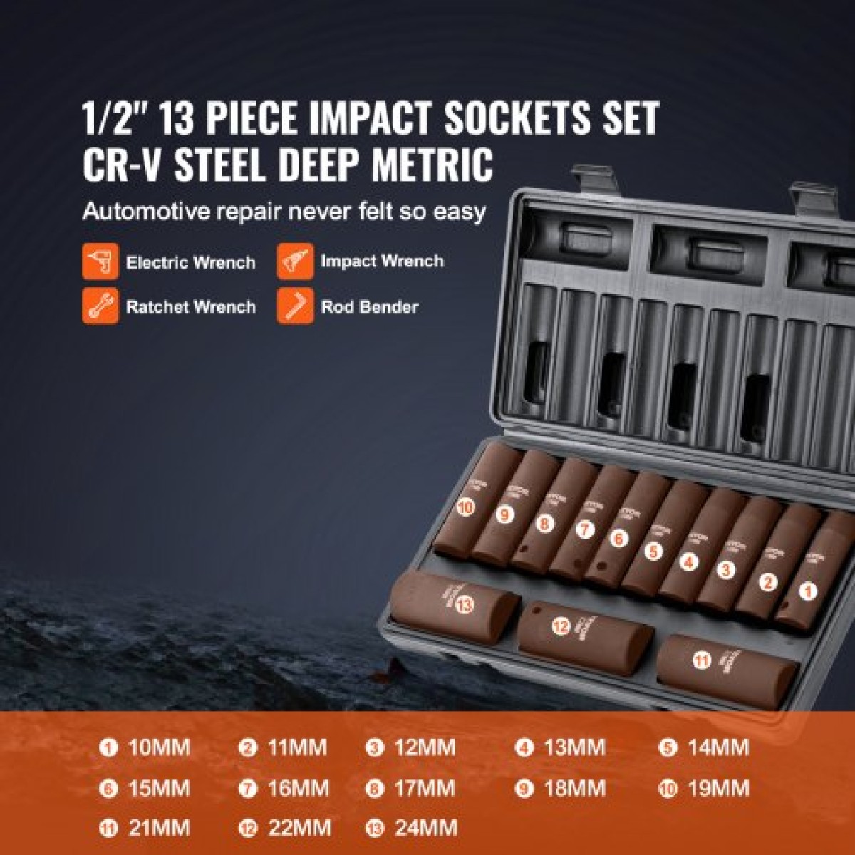 VEVOR 1/2" Drive Impact Socket Set, 13 Piece Deep Socket Set Metric 10-24mm, 6 Point CR-V Alloy Steel for Auto Repair, Ευανάγνωστα σημάδια μεγέθους, στιβαρή κατασκευή, περιλαμβάνει θήκη αποθήκευσης