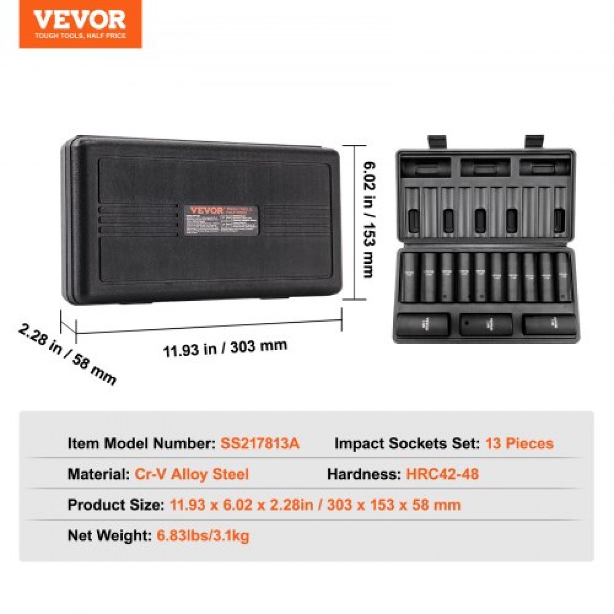 VEVOR 1/2" Drive Impact Socket Set, 13 Piece Deep Socket Set Metric 10-24mm, 6 Point CR-V Alloy Steel for Auto Repair, Ευανάγνωστα σημάδια μεγέθους, στιβαρή κατασκευή, περιλαμβάνει θήκη αποθήκευσης