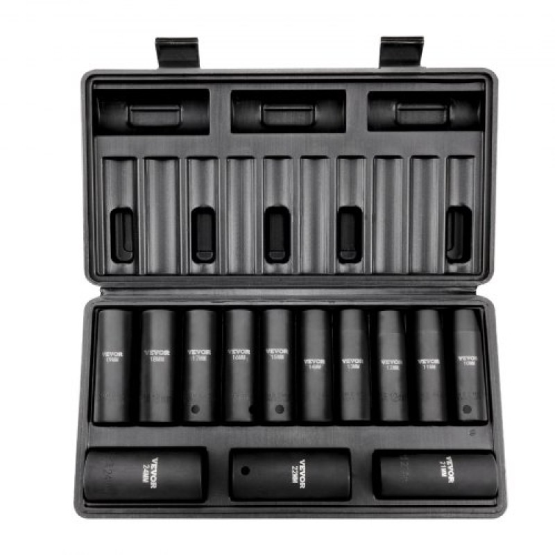 VEVOR 1/2" Drive Impact Socket Set, 13 Piece Deep Socket Set Metric 10-24mm, 6 Point CR-V Alloy Steel for Auto Repair, Ευανάγνωστα σημάδια μεγέθους, στιβαρή κατασκευή, περιλαμβάνει θήκη αποθήκευσης