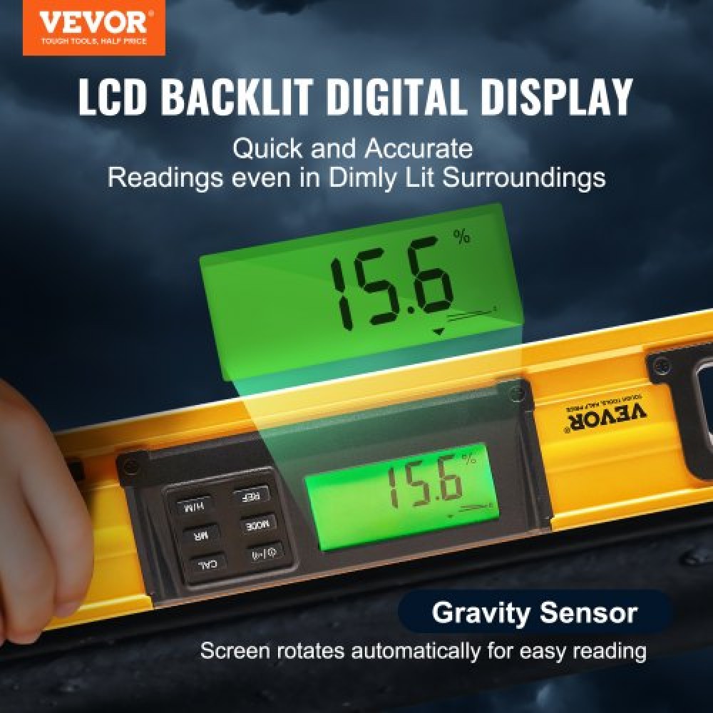 VEVOR Magnetic Torpedo Level, 600mm, LED Backlit Screen Mechanical Bubble Vials Ruler for 0-360 Degree, Gravity Sensor Aluminum Alloy Leveler Tool w/ Viewing Window, Shock-Resistant for Plumbing, Wood