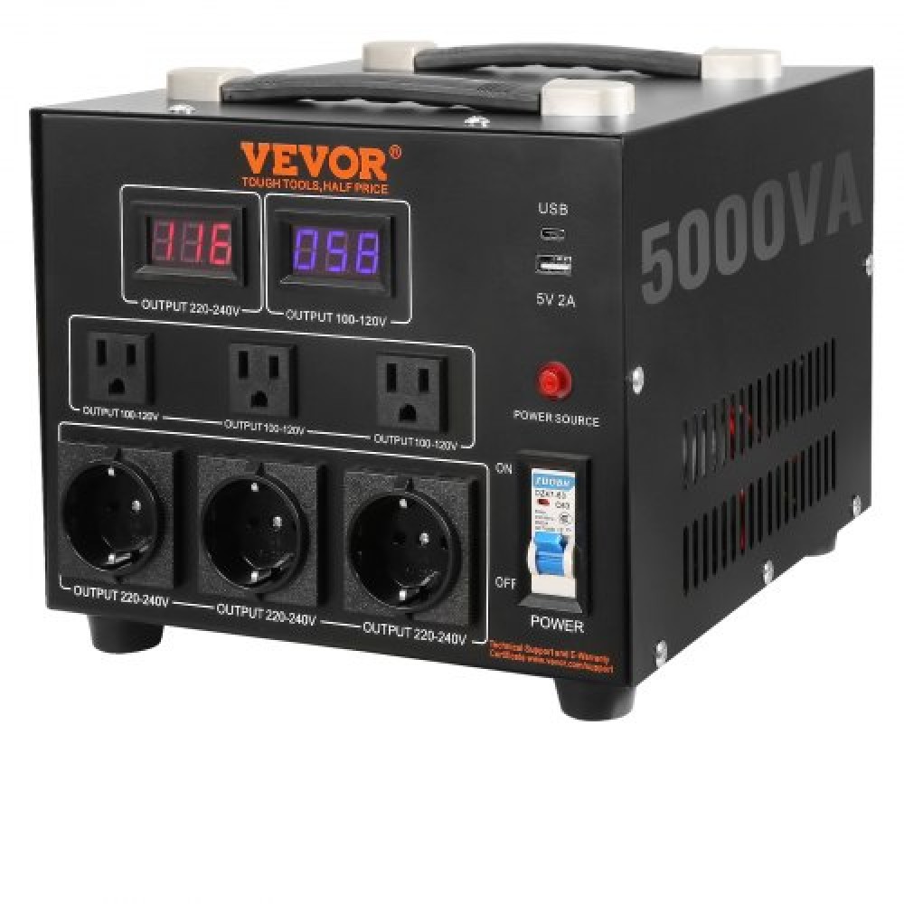 Μετασχηματιστής μετατροπέα τάσης VEVOR, 5000VA, μετασχηματιστής βαρέως τύπου Step Up/Down, Μετατροπή από 110 Volt σε 220 Volt και από 220 Volt σε 110 Volt, με πρίζα US Outlet EU Outlet 5V USB, με πιστοποίηση CE