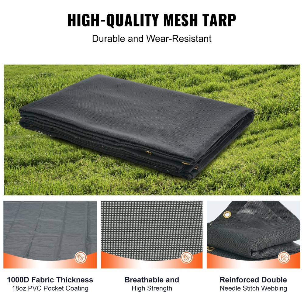 VEVOR Dump Truck Mesh Tarp, 7 x 14 ft, μαύρο κάλυμμα βαρέως τύπου με επίστρωση PVC με διπλή τσέπη 5,5" 18 oz, ορειχάλκινοι δακτύλιοι, ενισχυμένος ιμάντας διπλής βελόνας που ταιριάζει χειροκίνητο ή σύστημα ηλεκτρικού ανατρεπόμενου φορτηγού