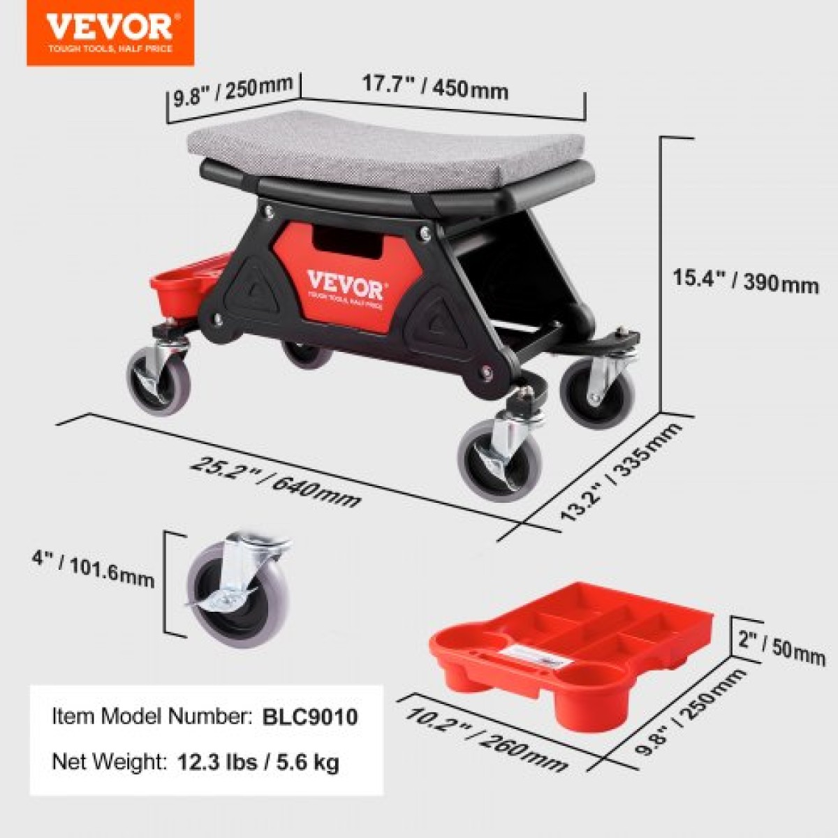 Σκαμπό VEVOR Mechanics, κυλιόμενο μηχανικό κάθισμα χωρητικότητας 136,1 κιλών με ρόδες 10,2 cm, τρεις συρταριέρες εργαλείων και συρτάρι, βαρέως τύπου αναρριχητικό κάθισμα για το σπίτι γκαράζ DIY Automotive
