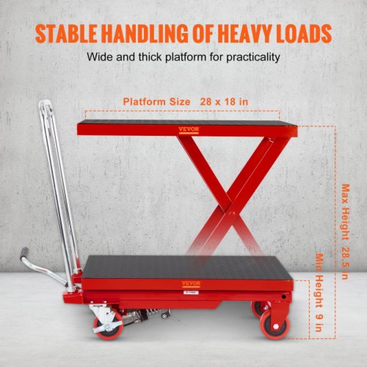 Επιτραπέζιο καρότσι VEVOR Hydraulic Lift, 500lbs Capacity Ύψος ανύψωσης 28,5" Χειροκίνητο Τραπέζι ανύψωσης μονής ψαλίδας με 4 ρόδες και αντιολισθητικό μαξιλαράκι, υδραυλικό καρότσι με ψαλίδια για χειρισμό υλικού, κόκκινο