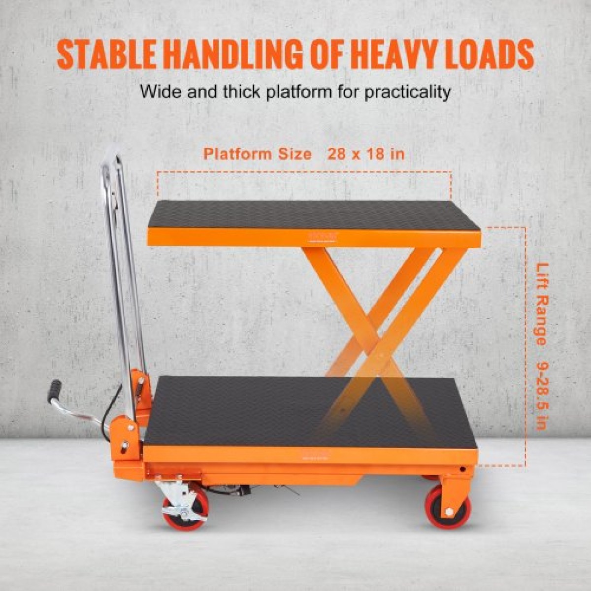 Επιτραπέζιο καρότσι VEVOR Hydraulic Lift, Χωρητικότητα 330 lbs Ύψος ανύψωσης 28,5" Χειροκίνητο Τραπέζι ανύψωσης μονής ψαλίδας με 4 ρόδες και αντιολισθητικό μαξιλαράκι, υδραυλικό καρότσι με ψαλίδια για χειρισμό και μεταφορά υλικού