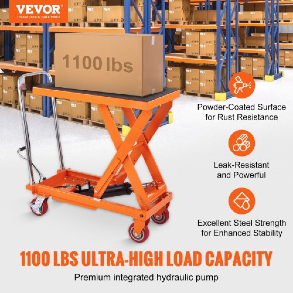 Επιτραπέζιο καρότσι VEVOR Hydraulic Lift, Χωρητικότητα 1100 lbs Ύψος ανύψωσης 35,4" Χειροκίνητο Τραπέζι ανύψωσης μονής ψαλίδας με 4 τροχούς και αντιολισθητικό μαξιλαράκι, υδραυλικό καρότσι με ψαλίδια για χειρισμό και μεταφορά υλικού