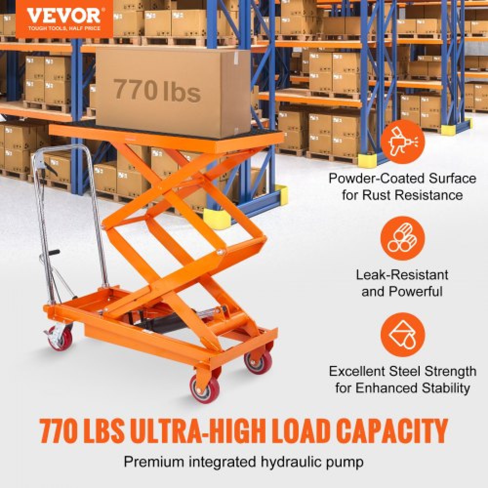 Επιτραπέζιο καρότσι VEVOR Hydraulic Lift, 770lbs Capacity Ύψος ανύψωσης 59" Χειροκίνητο τραπέζι ανύψωσης διπλού ψαλιδιού με 4 τροχούς και αντιολισθητικό μαξιλαράκι, υδραυλικό καρότσι με ψαλίδια για χειρισμό και μεταφορά υλικού