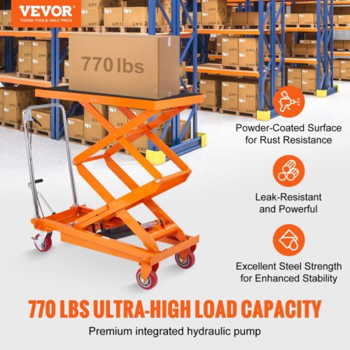 Επιτραπέζιο καρότσι VEVOR Hydraulic Lift, 770lbs Capacity Ύψος ανύψωσης 59" Χειροκίνητο τραπέζι ανύψωσης διπλού ψαλιδιού με 4 τροχούς και αντιολισθητικό μαξιλαράκι, υδραυλικό καρότσι με ψαλίδια για χειρισμό και μεταφορά υλικού
