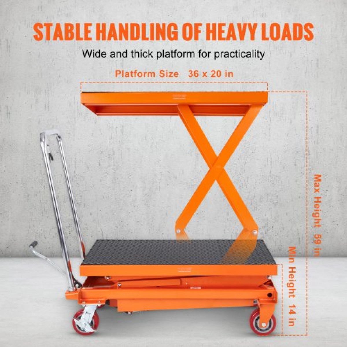 Επιτραπέζιο καρότσι VEVOR Hydraulic Lift, 770lbs Capacity Ύψος ανύψωσης 59" Χειροκίνητο τραπέζι ανύψωσης διπλού ψαλιδιού με 4 τροχούς και αντιολισθητικό μαξιλαράκι, υδραυλικό καρότσι με ψαλίδια για χειρισμό και μεταφορά υλικού