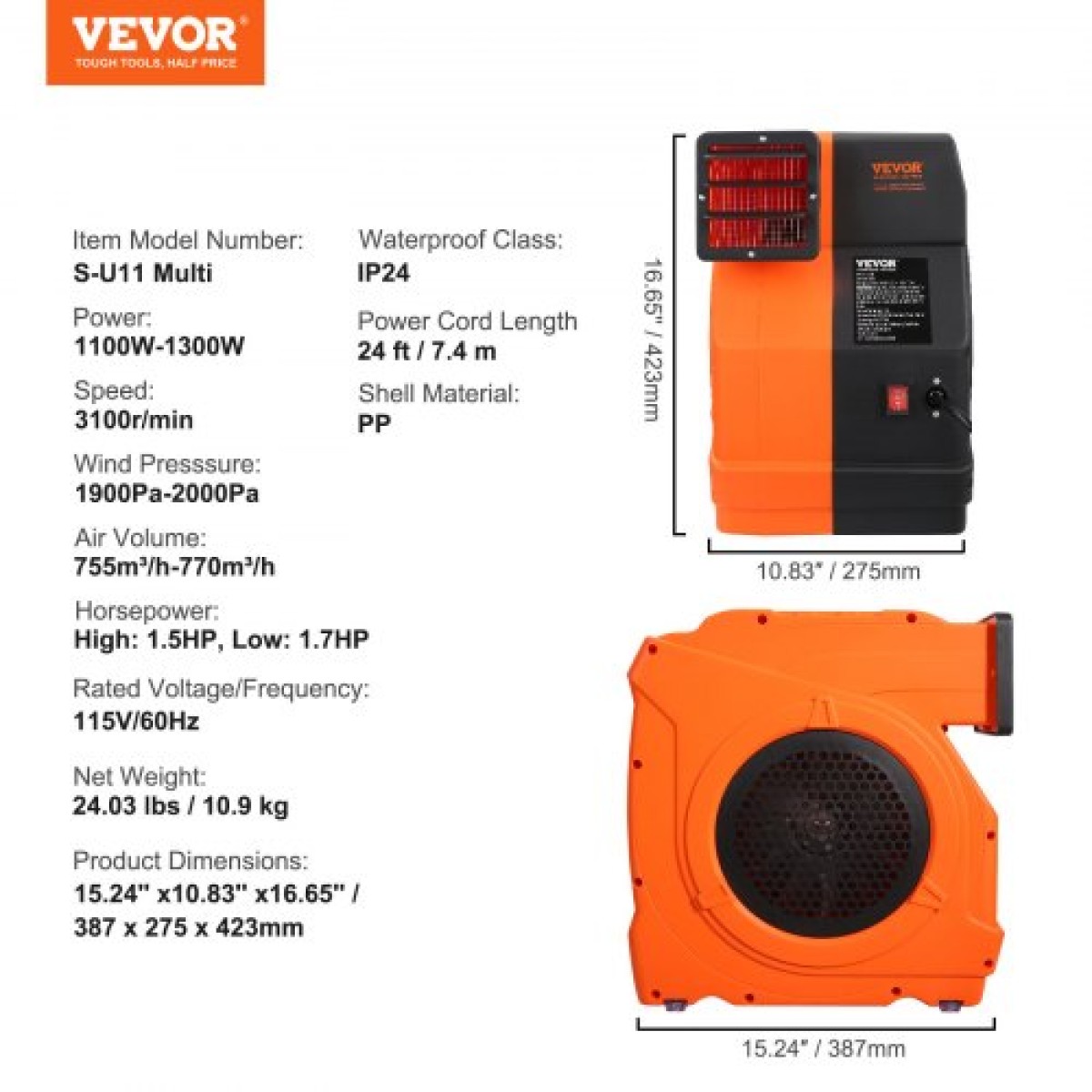 Φουσκωτός ανεμιστήρας VEVOR, 1100W, 1,5 & 1,7 HP Bounce House Blower, Αντλία Commercial Air Blower για φουσκωτά, 3100 RPM Bouncy Castle Electric Fan for Bounce House, Waterslides, Δοκιμασμένο στα πρότυπα UL