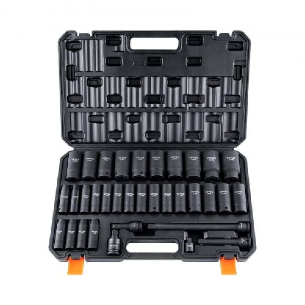 VEVOR 1/2" Drive Deep Impact Socket Set, 34pcs Socket Set Metric (8-36mm) 6 Point Cr-MO Alloy Steel for Auto Repair, Rugged Construction, Includes Heavy Duty Storage case