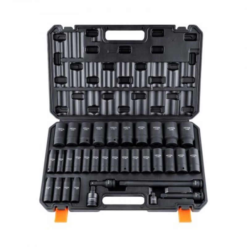 VEVOR 1/2" Drive Deep Impact Socket Set, 34pcs Socket Set Metric (8-36mm) 6 Point Cr-MO Alloy Steel for Auto Repair, Rugged Construction, Includes Heavy Duty Storage case