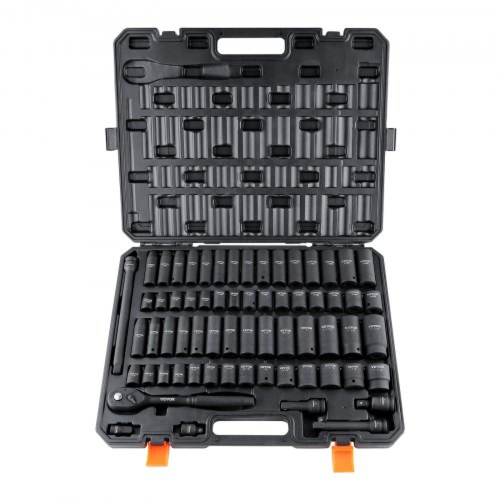 VEVOR 1/2" Drive Impact Socket Set, 65 Piece Socket Set SAE 3/8" to 1-1/4" και Metric 10-24mm, 6 Point Cr-V Alloy Steel for Auto Repair, στιβαρή κατασκευή, ευανάγνωστα σημάδια μεγέθους, θήκη αποθήκευσης