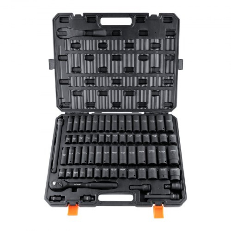 VEVOR 1/2" Drive Impact Socket Set, 65 Piece Socket Set SAE 3/8" to 1-1/4" και Metric 10-24mm, 6 Point Cr-V Alloy Steel for Auto Repair, στιβαρή κατασκευή, ευανάγνωστα σημάδια μεγέθους, θήκη αποθήκευσης
