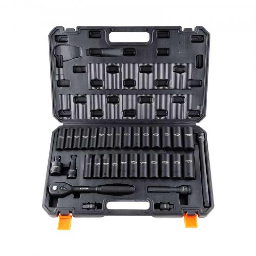 VEVOR 1/2" Drive Impact Socket Set, 33 Piece Socket Set SAE 3/8"-1" and Metric 10-24mm, 6 Point Cr-V Alloy Steel for Auto Repair, Εύκολα στην ανάγνωση σημάνσεις μεγέθους, στιβαρή κατασκευή, περιλαμβάνει θήκη αποθήκευσης