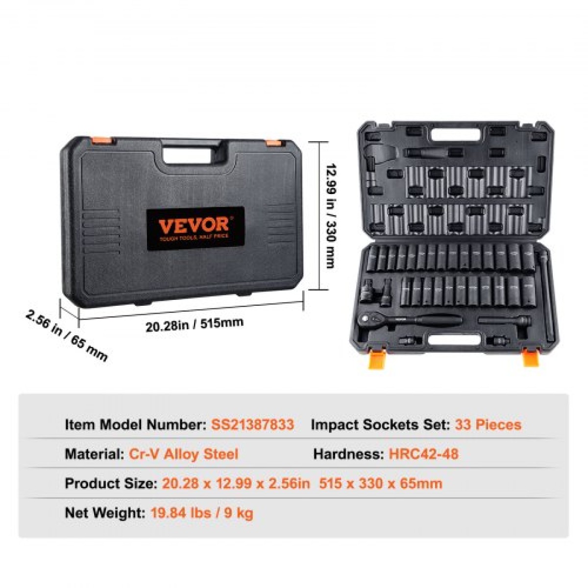VEVOR 1/2" Drive Impact Socket Set, 33 Piece Socket Set SAE 3/8"-1" and Metric 10-24mm, 6 Point Cr-V Alloy Steel for Auto Repair, Εύκολα στην ανάγνωση σημάνσεις μεγέθους, στιβαρή κατασκευή, περιλαμβάνει θήκη αποθήκευσης