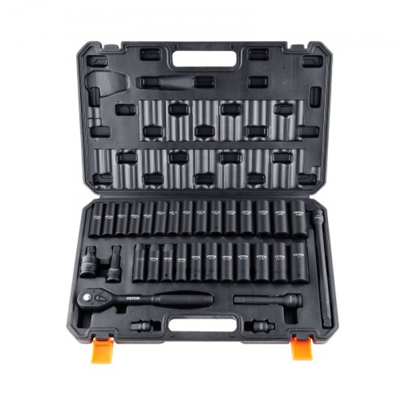 VEVOR 1/2" Drive Impact Socket Set, 33 Piece Socket Set SAE 3/8"-1" and Metric 10-24mm, 6 Point Cr-V Alloy Steel for Auto Repair, Εύκολα στην ανάγνωση σημάνσεις μεγέθους, στιβαρή κατασκευή, περιλαμβάνει θήκη αποθήκευσης